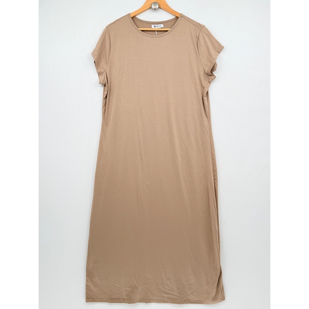 Wenrine T-Shirt Maxi Dress Womens XXL Tan Short Sleeve Minimalist Casual NEW